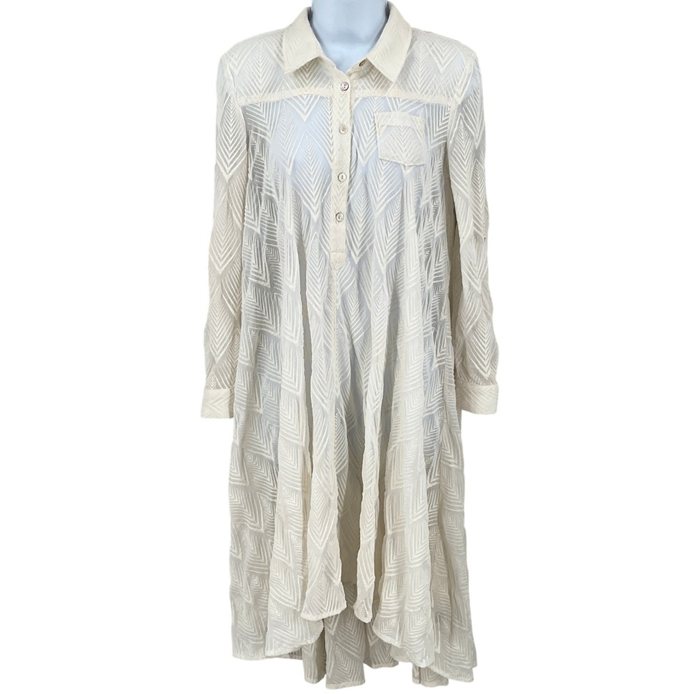Holding Horses Duster Shirt Dress Womens 0 Ivory Cotton Boho Chevron Embroidered